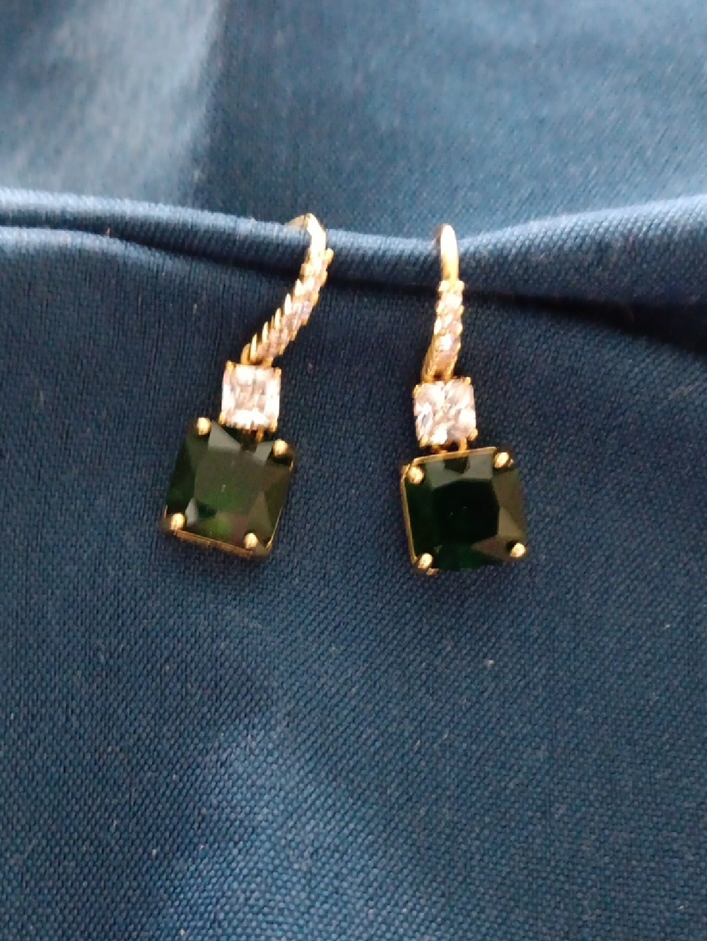 Gold-Plated Earrings with Dark Green Square Stones and Clear Accents